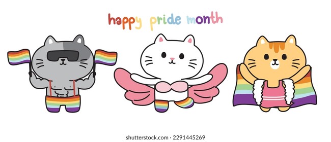 Set of cute cat various poses in pride month concept.Love is love.Lgbtq plus.Meow lover.Animal character design colleciton.Kawaii.Vector.Illustration.