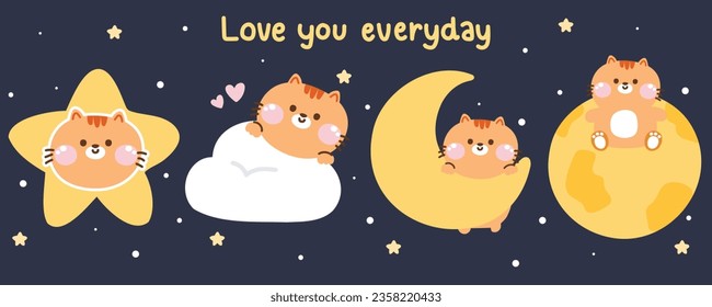 Set of cute cat in various poses in night sky concept.Pet animal character cartoon design.Star,cloud,moon,the earth hand drawn.Meow lover.Kawaii.Vector.Illustration.