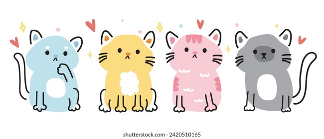 Conjunto de gatos lindos varias poses en línea estilo dibujado a mano.Diseño de dibujos animados de personajes animales mascotas.Colección de amantes de leva.Minimal.Kawaii.Vector.Ilustración.