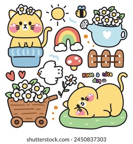 Set of cute cat various poses in flower blooming concept.Pet animal character cartoon design.Plants,rainbow,mushroom,bird,sun,bee drawn collection.Nature.Spring.Kawaii.Vector.Illustration