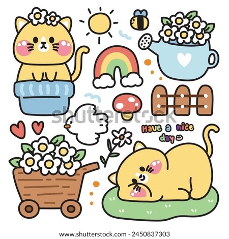 Set of cute cat various poses in flower blooming concept.Pet animal character cartoon design.Plants,rainbow,mushroom,bird,sun,bee drawn collection.Nature.Spring.Kawaii.Vector.Illustration
