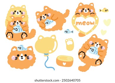 Conjunto de lindo gato en varias poses. Maulla amante. Cara y cabeza. Globo, pata, corazón, pescado, comida puede dibujar a mano. Diseño de dibujos animados de personajes animales domésticos. Kawaii. Vector. Ilustración.