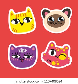 set of cute cat vector icon color different isolated versions kittys stickers on red background Purple pussycats puts out tongue all-seeing eye Lovely Siamese smiling moggys isolated illustration