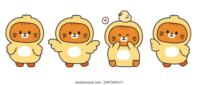 Set of cute cat wear chick costume in various poses.Mascot.Pet and farm animal character cartoon design.Isolated.Meow lover.Kawaii.Vector.Illustration.