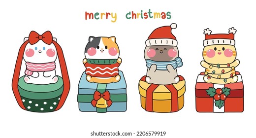 Set of cute cat wear santa hat sit on gift box in various poses.Merry christmas concept.Winter collection.New year.Animal character cartoon design.Meow.Kawaii.Vector.Illustration.