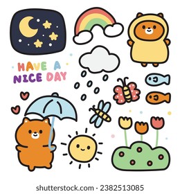 Set of cute cat with weather icon cartoon concept.Pet animal character collection.Moon,star,rainbow,butterfly,flower,dragonfly hand drawn.Meow lover.Kawaii.Vector.Illustration.