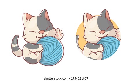 set of cute cat and yarn mascot logo with optional appearance. premium kawaii vector 