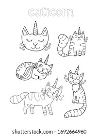 Set of the cute caticorn illustrations for coloring page or a book. Lovely vector outline illustration isolated on white. Perfect for kids. 
