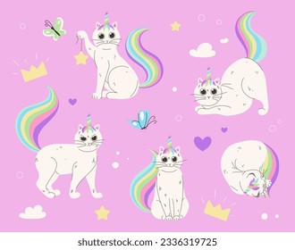 Set of cute caticorns. Fantasy and imagination, fairy tales and fictional characters. Stickers for social networks and messengers. Cartoon flat vector collection isolated on pink background