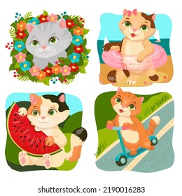Set of cute cats. Animals are resting, doing sports or hobbies. Pet. Kitten. Vector illustration.