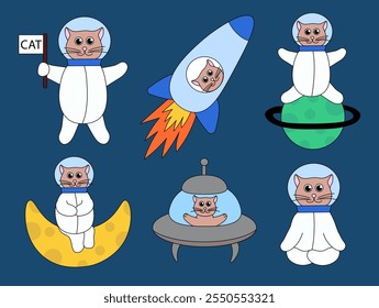 Conjunto de lindos gatos astronauta en el espacio. Ilustración vectorial plana.