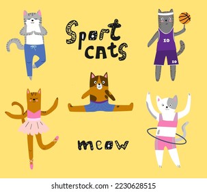 Un conjunto de lindos gatos. Los gatos son atletas: jugador de baloncesto, bailarina, gimnasta. El gato hace yoga, gira el aro. Genial ilustración infantil. Ilustración vectorial con fondo aislado. Estilo de caricatura.