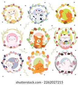 Set of cute cats with beautiful Easter wreaths on white backgrou