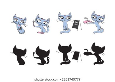 Set of cute cats and black silhouettes. Pets isolated on white background. Domestic animal. Adorable kittens. doodle vector illustration