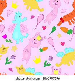 set of cute cats, bunny and fox, vector seamless pattern on pink background, cartoon and fabulous, kawaii drawing, umbrellas, balls, flowers, objects