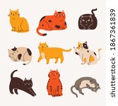 Set of cute cats. Cartoon style colorful hand drawn vector illustration for children 