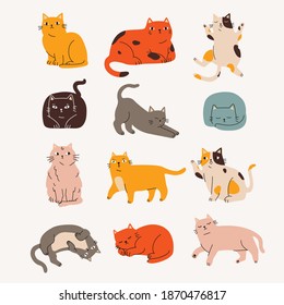 Set of cute cats. Cartoon style colorful hand drawn vector illustration for children