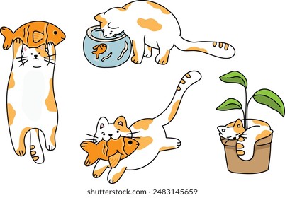 set of cute cats, catching fish, sleeping under plant, drawing coloring for sticker, coloring book kids, flat vector illustrations