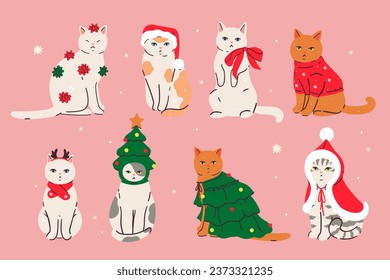 Set of cute cats in Christmas clothes. Vector graphics.