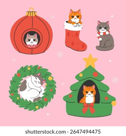 Set of cute cats in Christmas mood. Vector graphics.