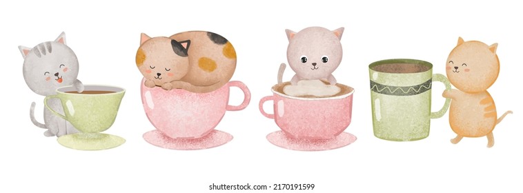 Set of cute cats with coffee cups in watercolor painting style for graphic design postcard or product in cartoon character, vector illustration