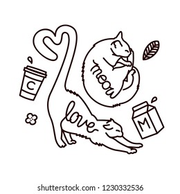 Set cute cats, coffee and pets. 