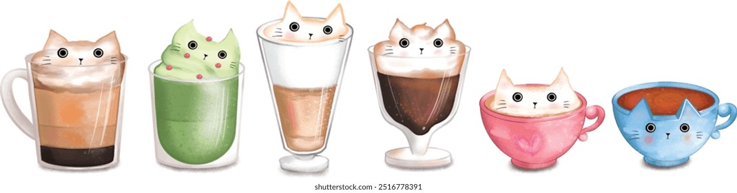 Set of cute cats coffee in watercolor painting style for graphic design postcard or product in cartoon character, vector illustration