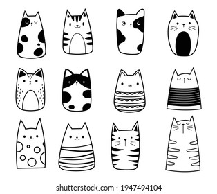 Set of cute cats. Collection of funny cartoon animal. Lovely kittens. Vector illustration of home pets. Logo of the cat. 