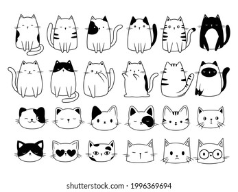 Set of cute cats. Collection of funny cartoon animal. Lovely kittens. Pet faces with  mustache. Vector illustration of home pets. Logo of the cat. 