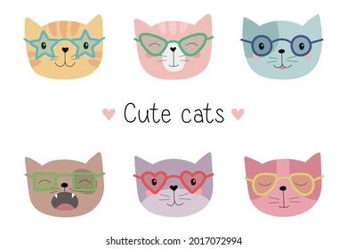 A set cute cats in colorful glasses  Hand drawn cat heads  Vector illustration