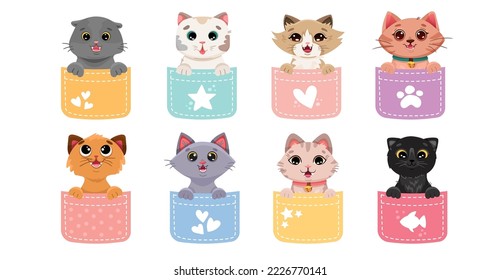 Set of cute cats in colorful pockets. Collection of pets sitting inside pocket. Funny and happy cartoon kitty characters for t-shirt design, printing. Vector cartoon illustration