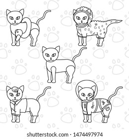 set of cute cats for coloring book. baby vector illustration, seamless background, doodle cats.