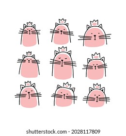 A set of cute cats with a crown. Black outline and pink spots. Vector illustration for kids decor and print.