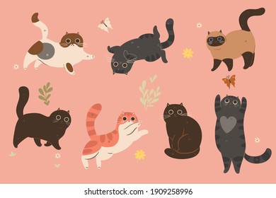 A set of cute cats in different colors. Vector graphics.