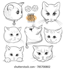 Set of cute cats with different emotions. Stock vector illustration. Outline hand drawing.
