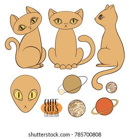 Set of cute cats with different emotions. Stock vector illustration.

