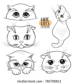 Set of cute cats with different emotions. Stock vector illustration. Outline hand drawing.
