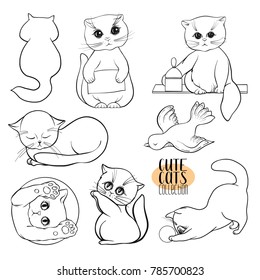 Set of cute cats with different emotions. Stock vector illustration. Outline hand drawing.
