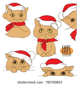 Set of cute cats with different emotions in the Santa Claus hat. Stock vector illustration.

