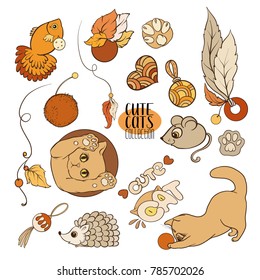 Set of cute cats with different emotions. Stock vector illustration.
