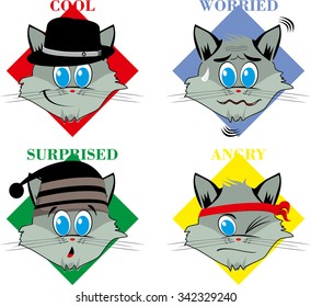 set of cute cats in different feelings
