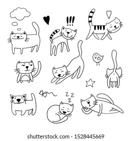 Set of cute cats in different poses. Black and white vector illustration.