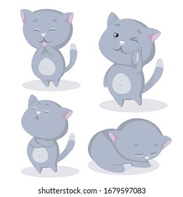 Set of cute cats in different poses. Nice character. Isolated on a white background. Gray kitten.