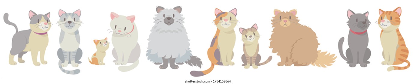 Set of cute cats in different poses on white background. Vector illustration in flat cartoon style.