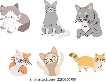 Set of cute cats in different poses. Vector illustration in cartoon style.