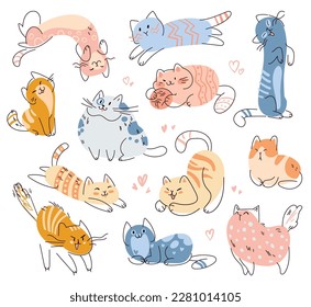 Set of cute cats in different poses. Seamless baby pattern in a kids doodle style. Funny vector illustration. Isolated on white background