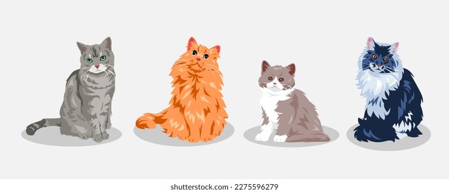 set of cute cats with different types, size, gestures, expressions, colors, shapes. vector illustration.