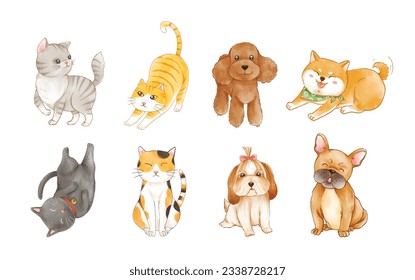 conjunto de adorables gatos y perros mascotas acuarela