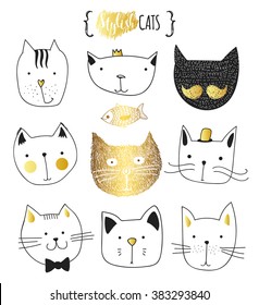 Set of cute cats in doodle style. Happy emotions on the faces of cats. Sketch character handmade to Print T-shirts. kids animals. Funny stylish muzzle isolated pets. Vector illustration