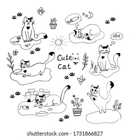 
Conjunto de lindos gatos dibujados a mano. Gato blanco con un manto negro en forma de corazón, sueños felinos. Entretenimiento para gatos. Ilustración vectorial en estilo doodle. Aislar sobre un fondo blanco.
